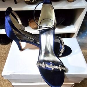 Elegant Blue Satin Heels with Rhinestone Straps